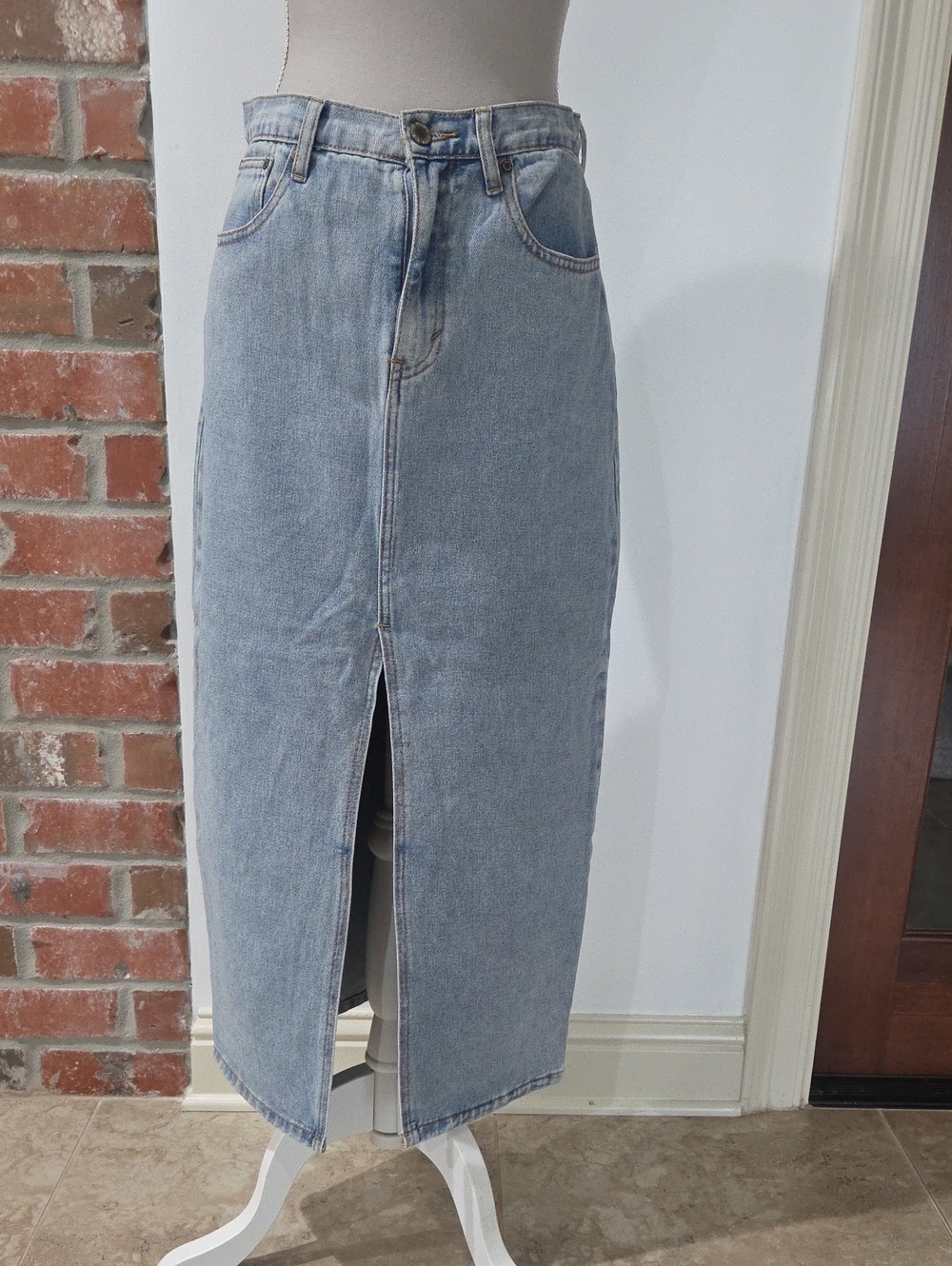 Wishlist Light Blue Denim Midi Skirt with Front Slit